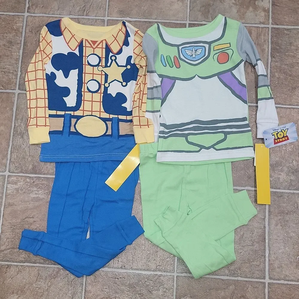 New Toy Story Woody & Buzz Snug Fit Cotton Cartoon 4 Piece Kids Pajama Set Sz 4T